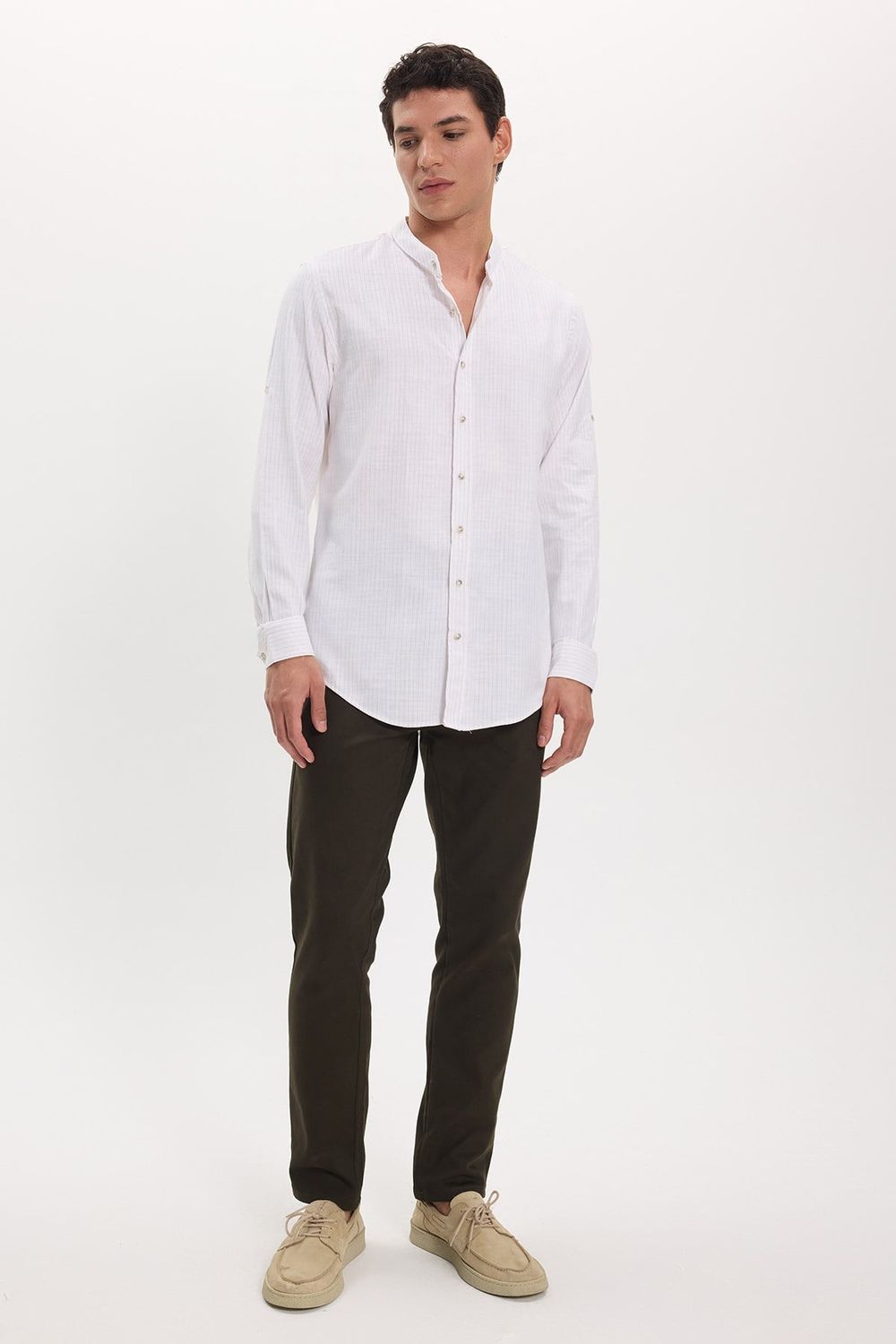 Erkek Slim Fit Dar Kesim Uzun Kollu %100 Pamuk Keten Doku Çizgili Hakim Yaka Gömlek