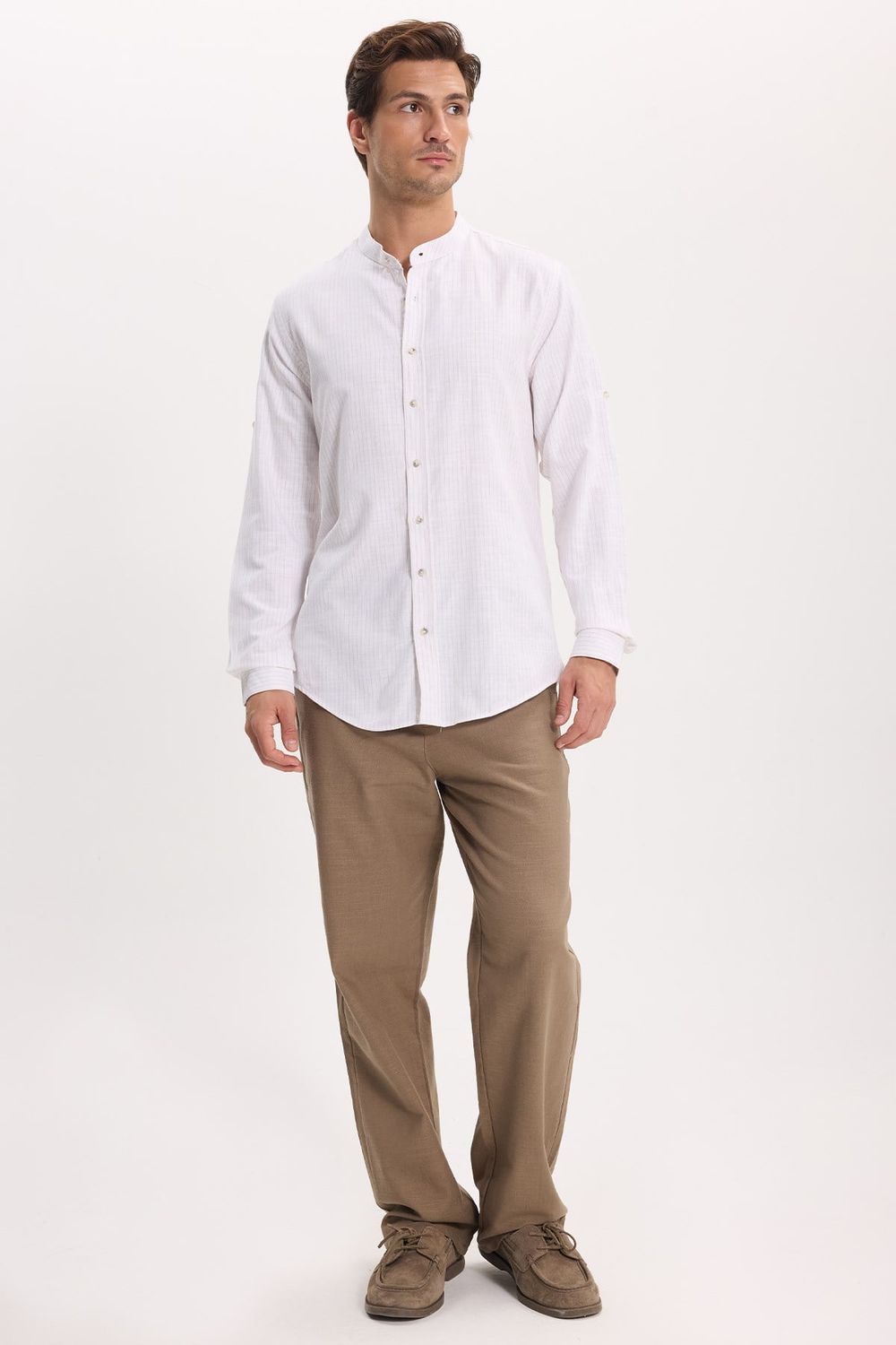 Erkek Slim Fit Dar Kesim Uzun Kollu %100 Pamuk Keten Doku Çizgili Hakim Yaka Gömlek