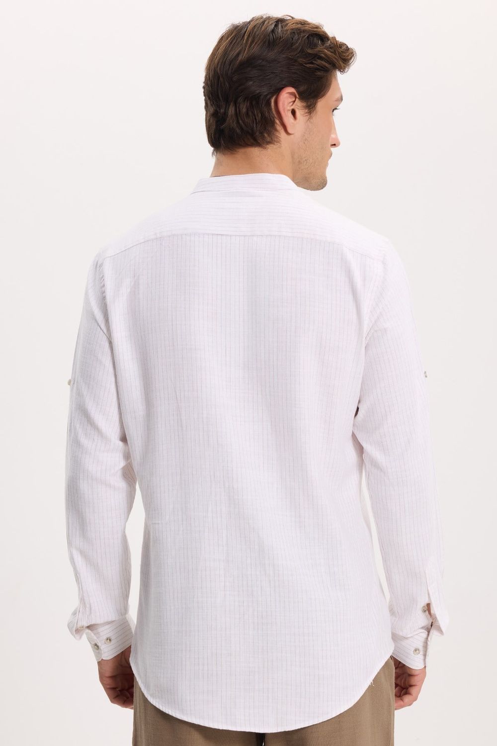 Erkek Slim Fit Dar Kesim Uzun Kollu %100 Pamuk Keten Doku Çizgili Hakim Yaka Gömlek