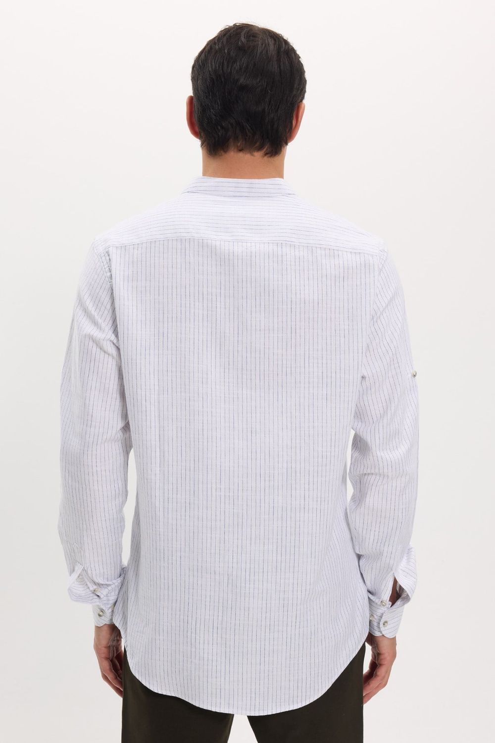 Erkek Slim Fit Dar Kesim Uzun Kollu %100 Pamuk Keten Doku Çizgili Hakim Yaka Gömlek