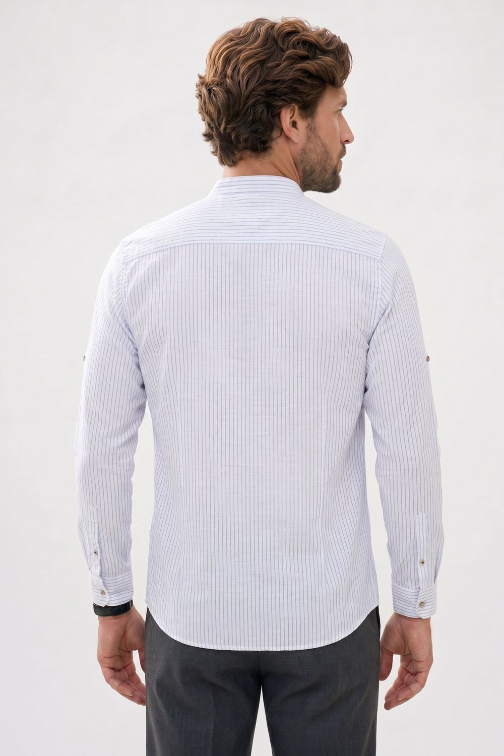 Erkek Slim Fit Dar Kesim Uzun Kollu %100 Pamuk Keten Doku Çizgili Hakim Yaka Gömlek