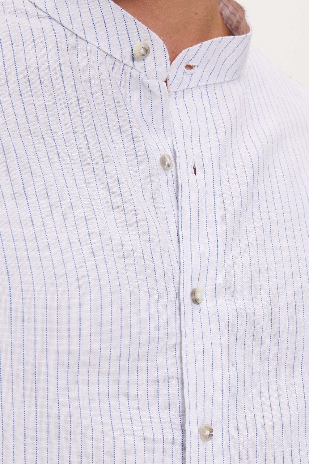 Erkek Slim Fit Dar Kesim Uzun Kollu %100 Pamuk Keten Doku Çizgili Hakim Yaka Gömlek
