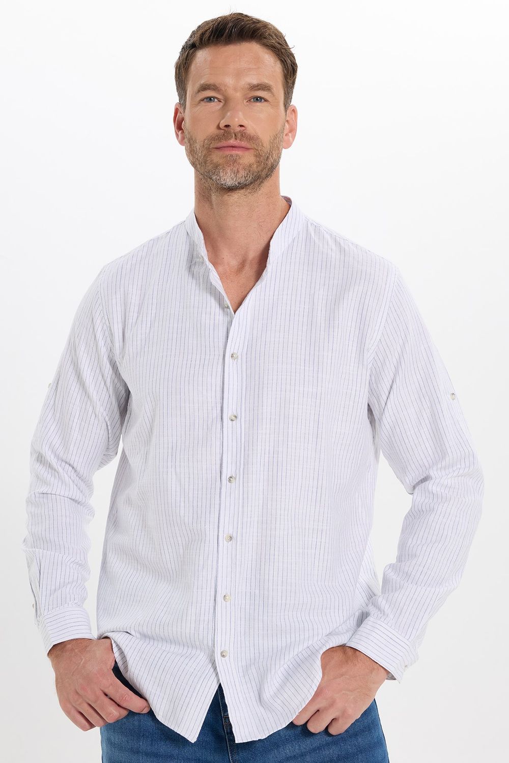 Erkek Slim Fit Dar Kesim Uzun Kollu %100 Pamuk Keten Doku Çizgili Hakim Yaka Gömlek