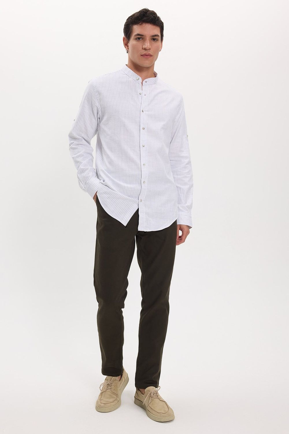 Erkek Slim Fit Dar Kesim Uzun Kollu %100 Pamuk Keten Doku Çizgili Hakim Yaka Gömlek