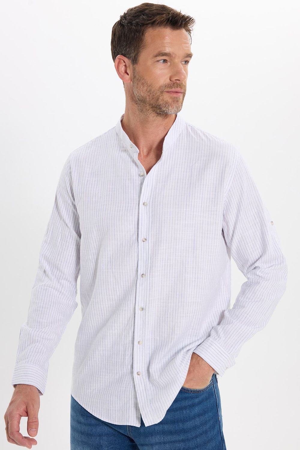 Erkek Slim Fit Dar Kesim Uzun Kollu %100 Pamuk Keten Doku Çizgili Hakim Yaka Gömlek