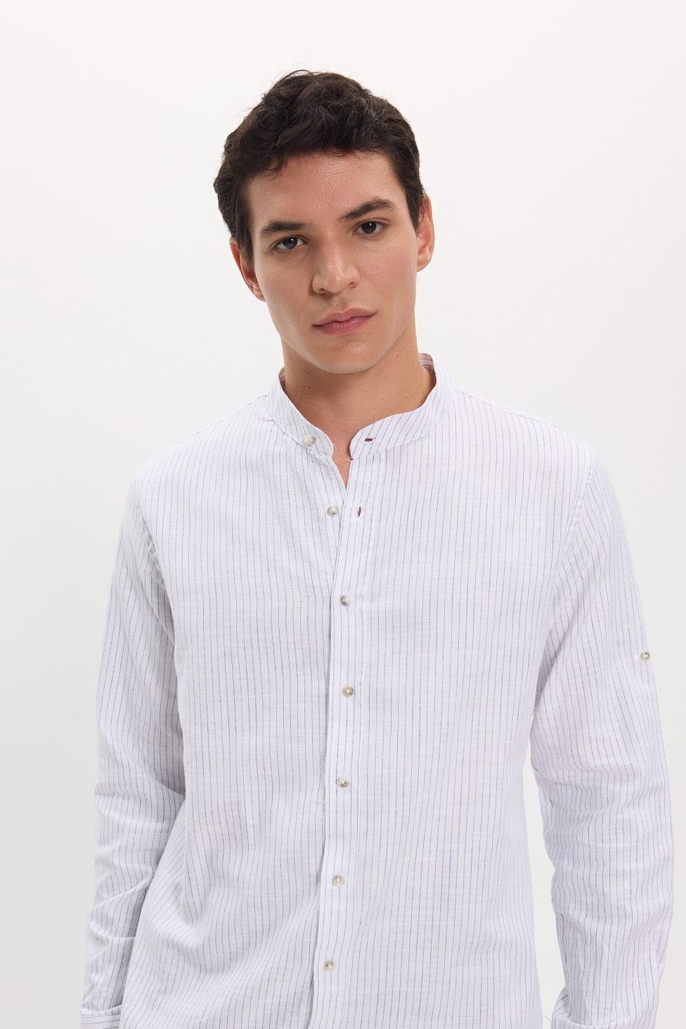 Erkek Slim Fit Dar Kesim Uzun Kollu %100 Pamuk Keten Doku Çizgili Hakim Yaka Gömlek