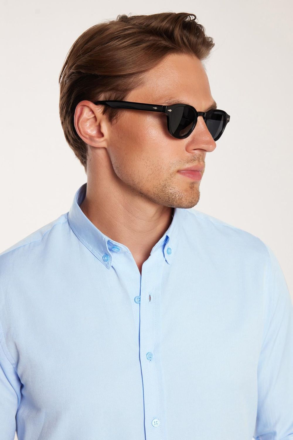 Erkek Slim Fit Dar Kesim Uzun Kollu Pamuklu Oxford Doku Kolay Ütü Mavi Düğmeli Yaka Gömlek