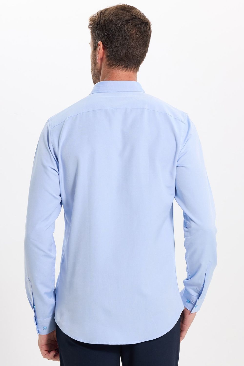 Erkek Slim Fit Dar Kesim Uzun Kollu Pamuklu Oxford Doku Kolay Ütülenebilir Mavi Düğmeli Yaka Gömlek