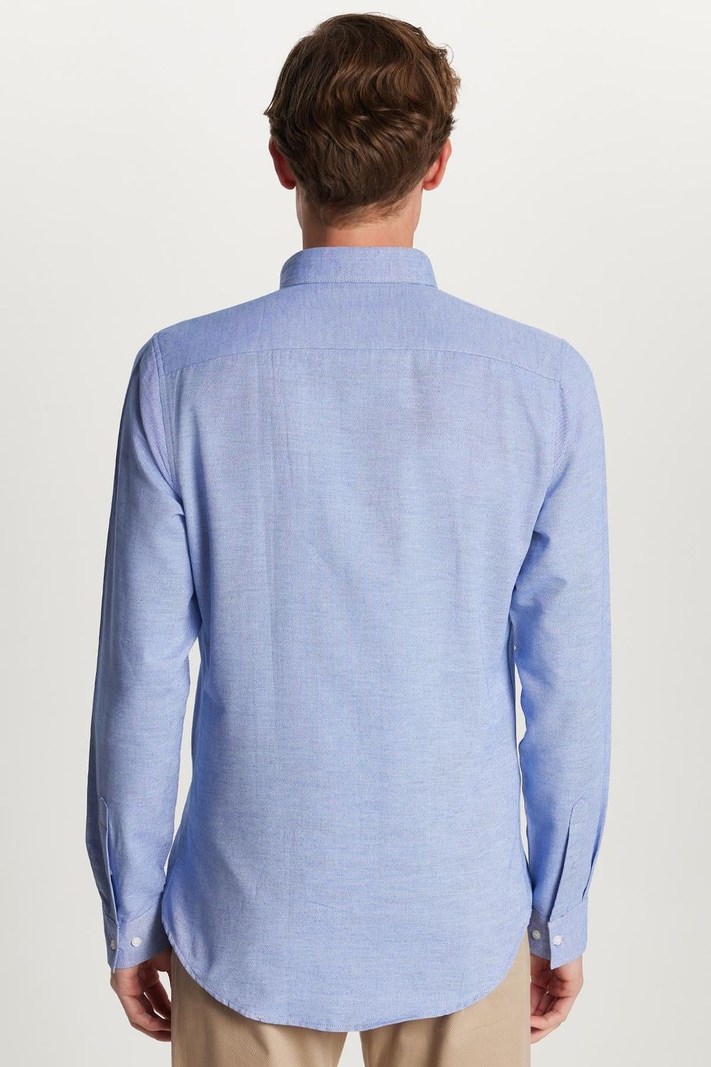 Erkek Slim Fit Dar Kesim Uzun Kollu Pamuklu Oxford Doku Kolay Ütü Mavi Düğmeli Yaka Gömlek