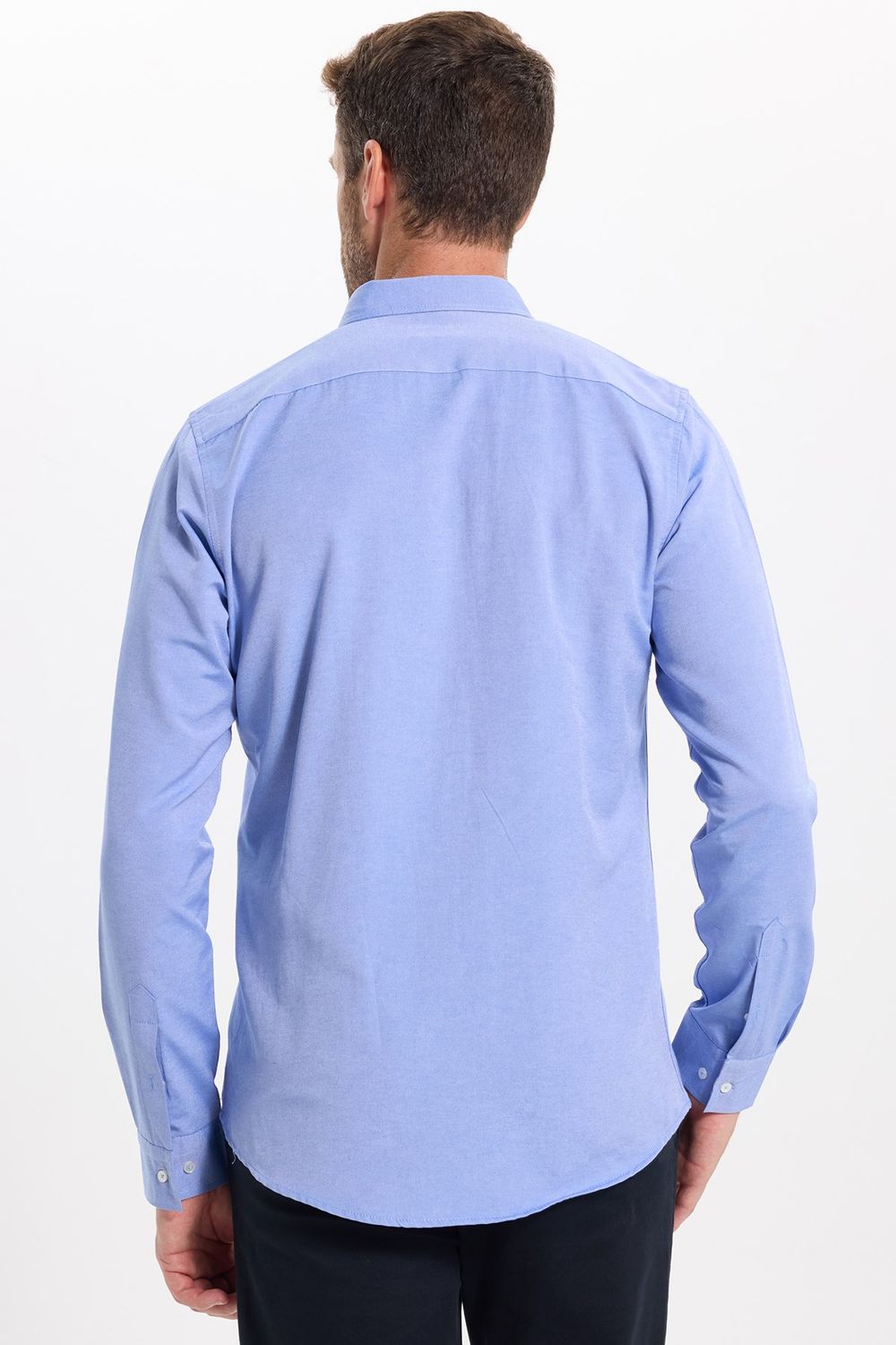 Erkek Slim Fit Dar Kesim Uzun Kollu Pamuklu Oxford Doku Kolay Ütülenebilir Mavi Düğmeli Yaka Gömlek