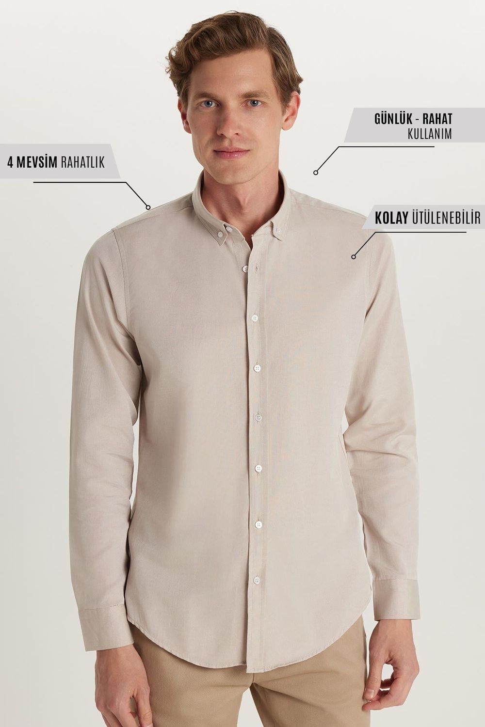 Erkek Slim Fit Dar Kesim Uzun Kollu Pamuklu Oxford Doku Kolay Ütü Taş Renk Düğmeli Yaka Gömlek
