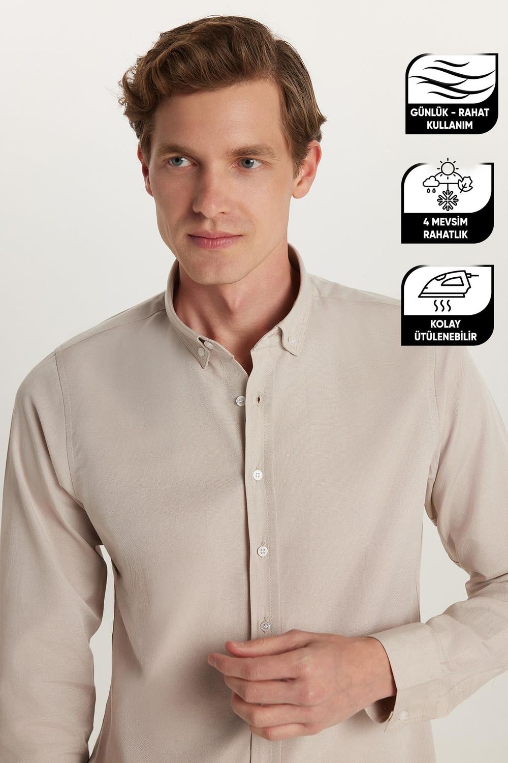 Erkek Slim Fit Dar Kesim Uzun Kollu Pamuklu Oxford Doku Kolay Ütü Taş Renk Düğmeli Yaka Gömlek