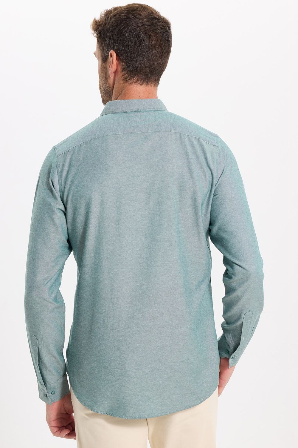 Erkek Slim Fit Dar Kesim Uzun Kollu Pamuklu Oxford Doku Kolay Ütülenebilir Yeşil Düğmeli Yaka Gömlek