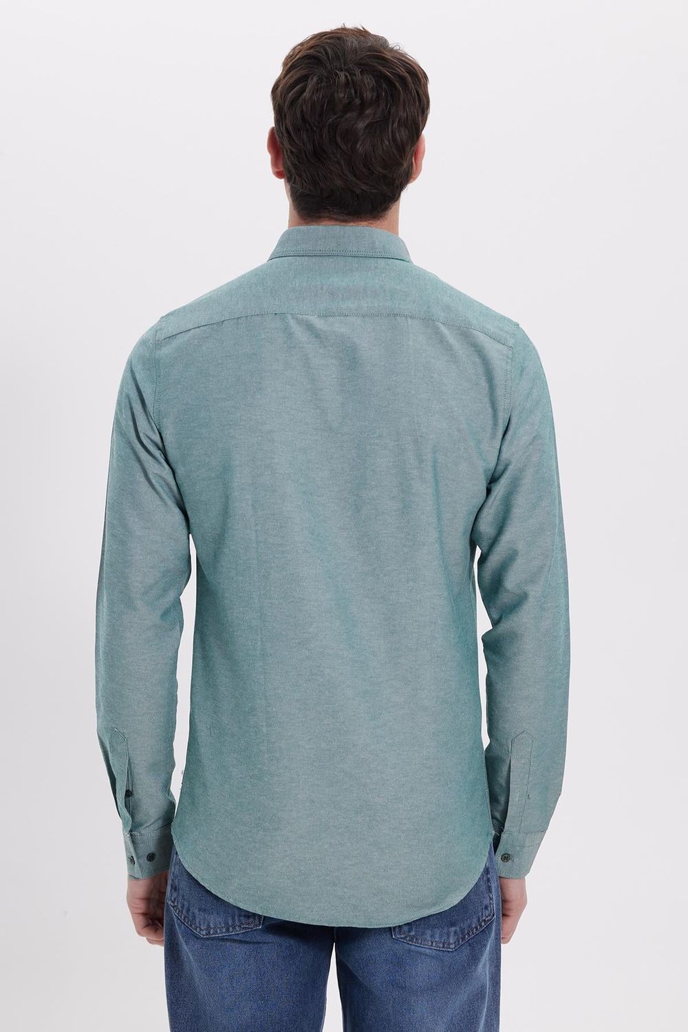 Erkek Slim Fit Dar Kesim Uzun Kollu Pamuklu Oxford Doku Kolay Ütü Yeşil Düğmeli Yaka Gömlek
