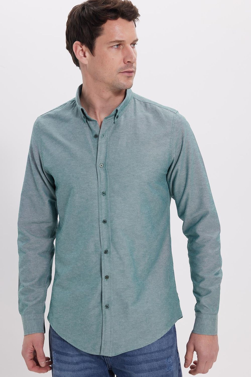 Erkek Slim Fit Dar Kesim Uzun Kollu Pamuklu Oxford Doku Kolay Ütü Yeşil Düğmeli Yaka Gömlek