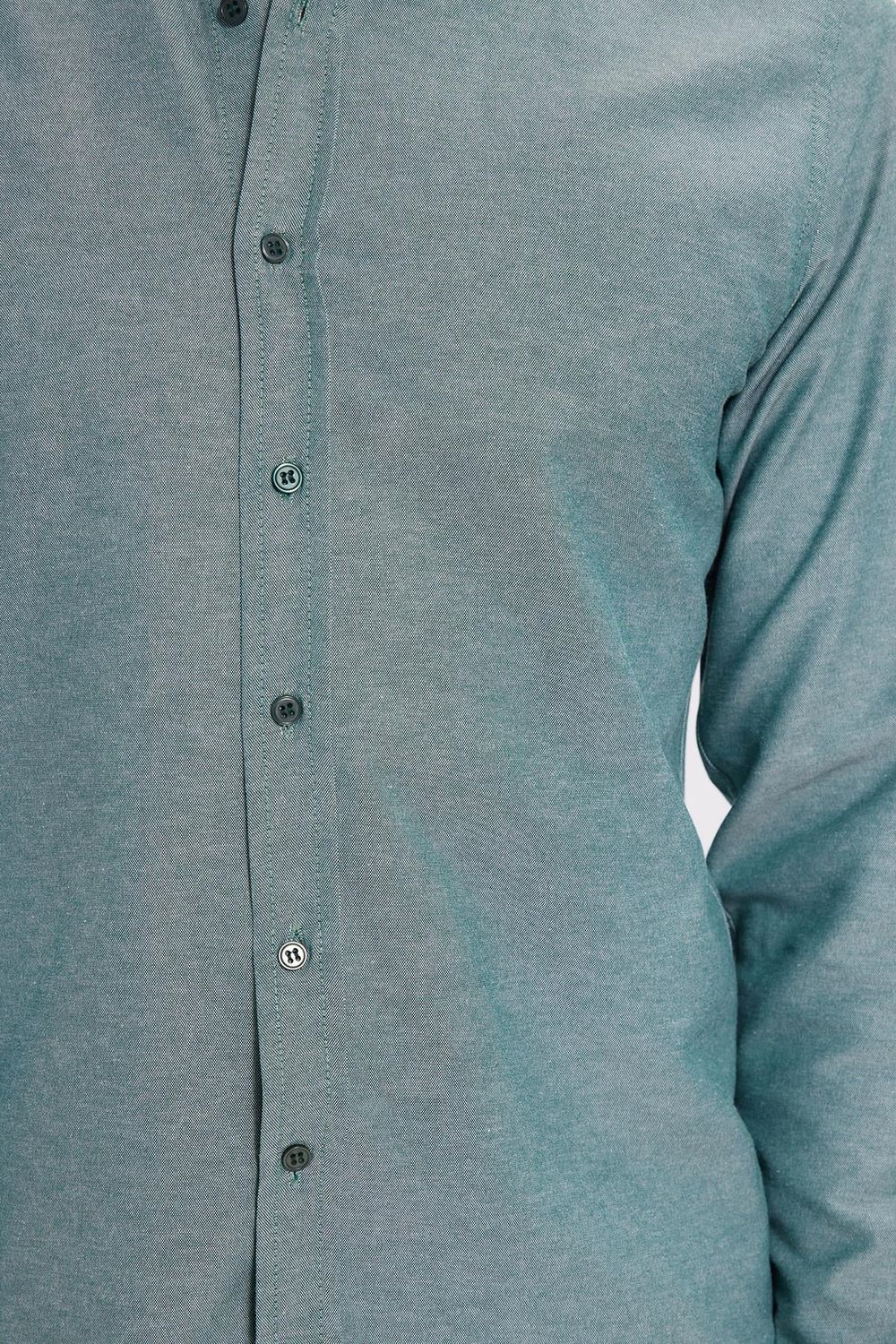 Erkek Slim Fit Dar Kesim Uzun Kollu Pamuklu Oxford Doku Kolay Ütü Yeşil Düğmeli Yaka Gömlek