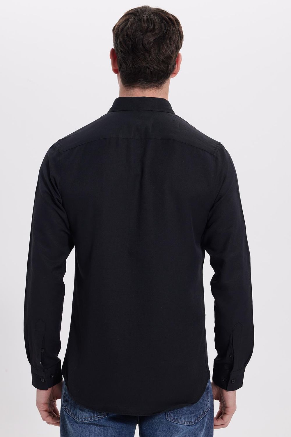 Erkek Slim Fit Dar Kesim Uzun Kollu Pamuklu Oxford Doku Kolay Ütü Siyah Düğmeli Yaka Gömlek