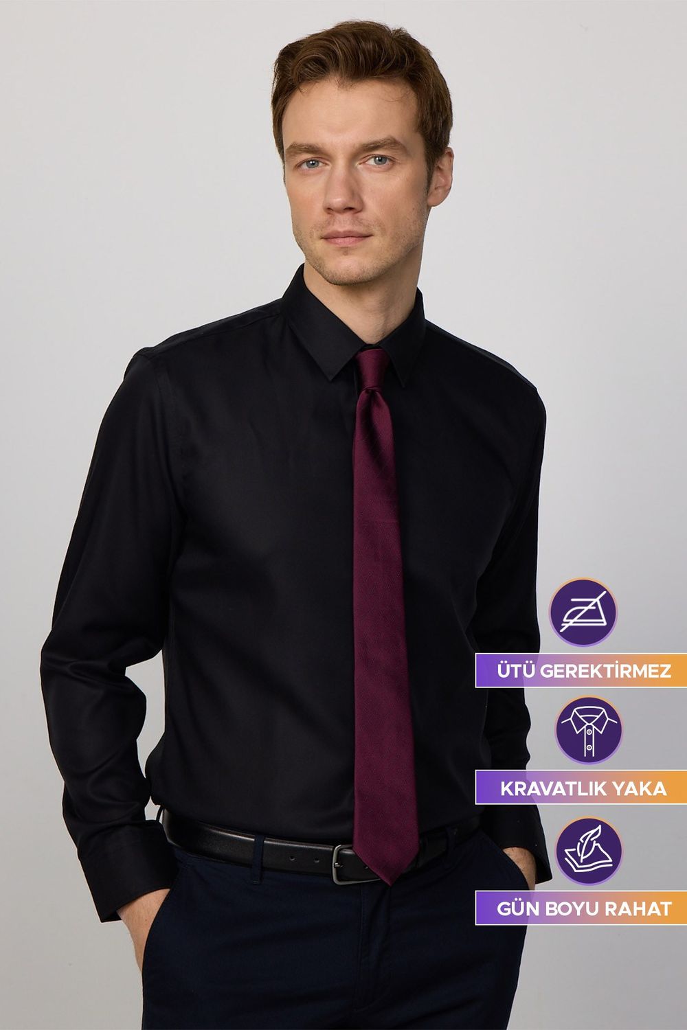 Slim Fit Siyah Non-Iron %100 Pamuk Doğa Dostu Ekoteks Belgeli  Gömlek
