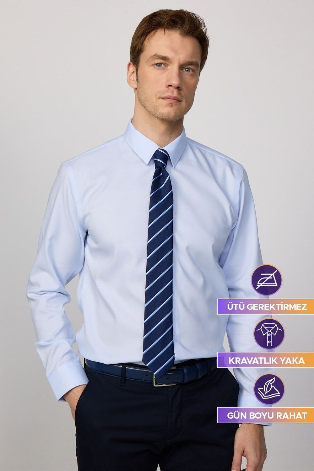 Slim Fit Mavi Non-Iron %100 Pamuk Doğa Dostu Ekoteks Belgeli  Gömlek