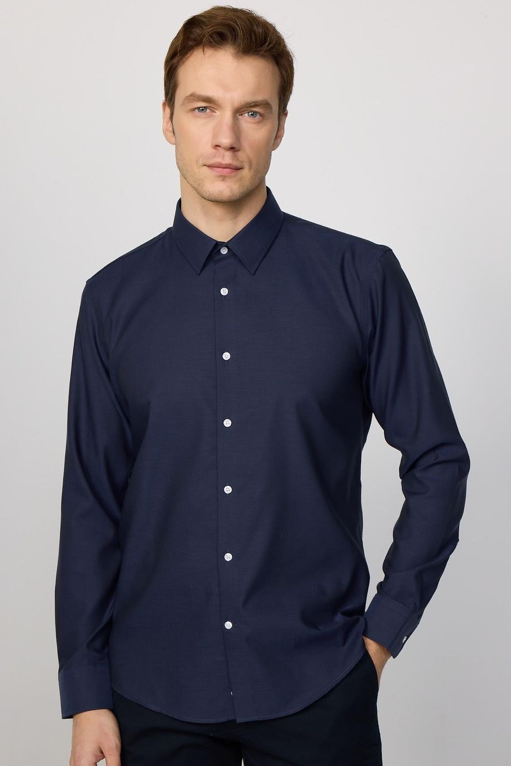 Slim Fit Non-Iron Ütü Gerektirmez Lacivert Erkek Gömlek