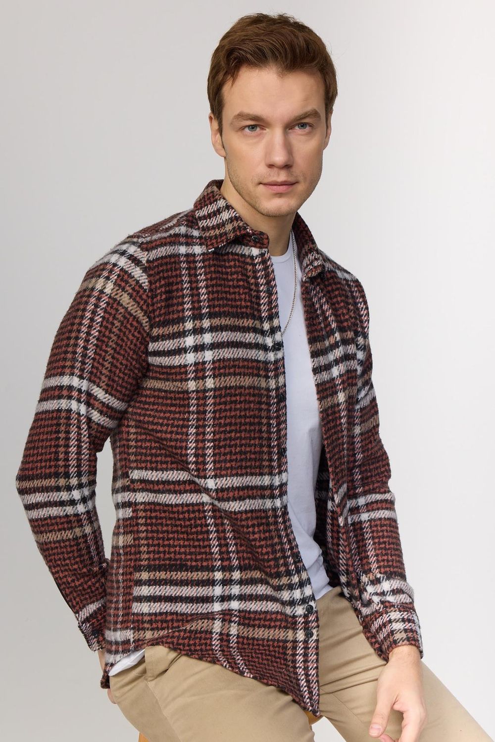 Slim Fit Dar Kesim Kareli Kışlık Oduncu Bordo-Beyaz Erkek Gömlek
