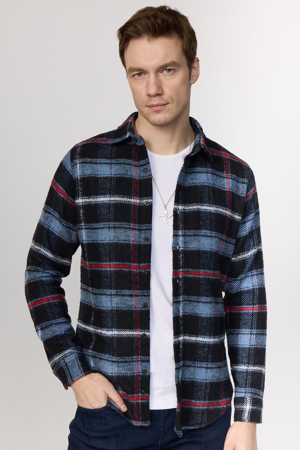 Slim Fit Dar Kesim Kareli Kışlık Oduncu Mavi-Siyah Erkek Gömlek