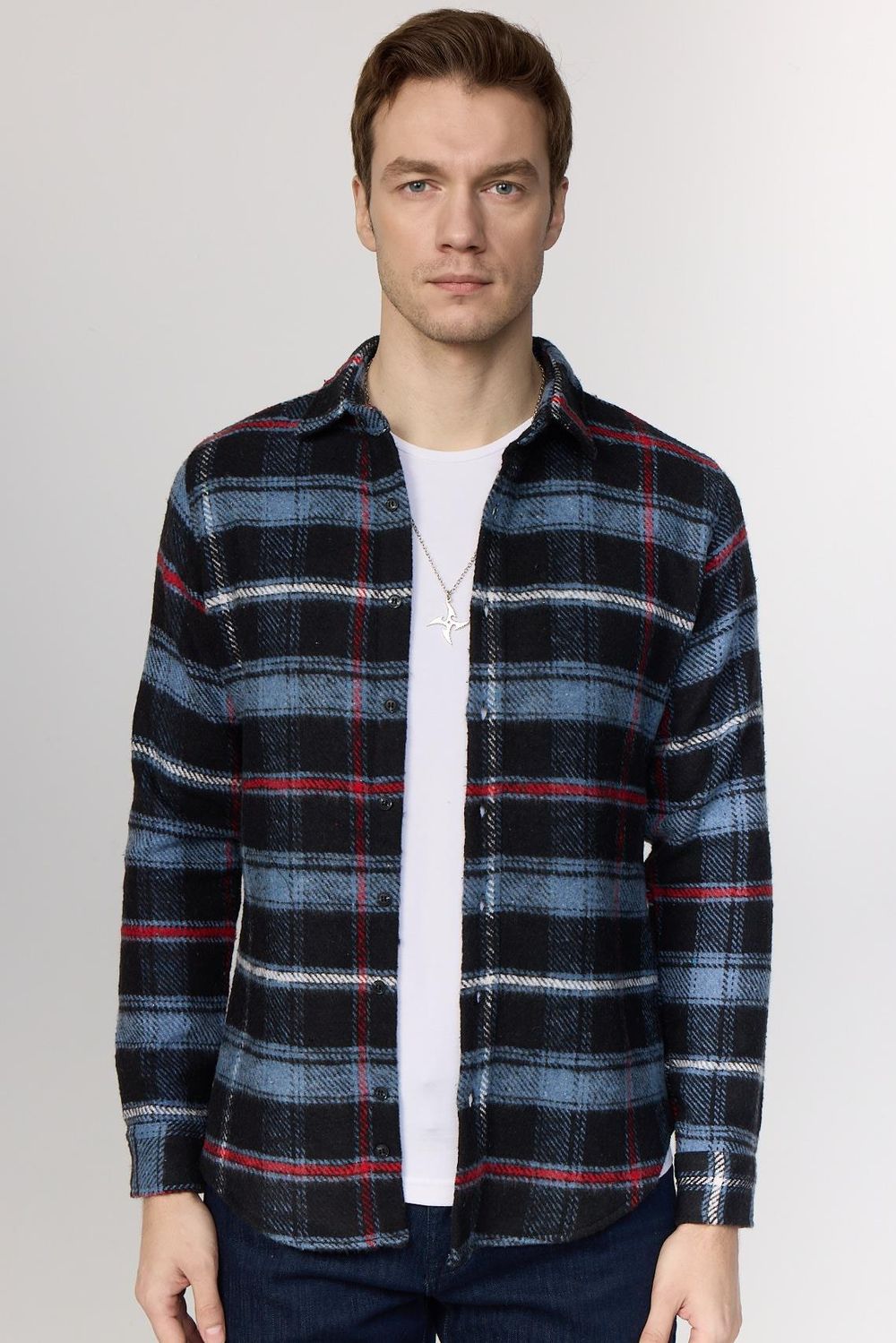 Slim Fit Dar Kesim Kareli Kışlık Oduncu Mavi-Siyah Erkek Gömlek