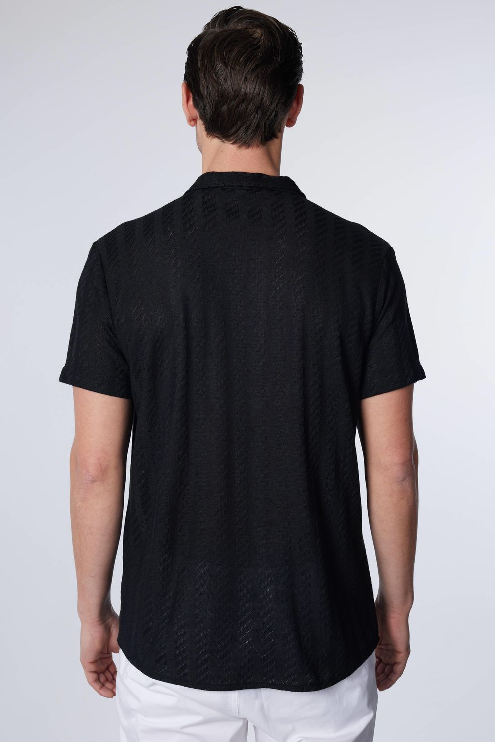 Slim Fit Dar Kesim Kısa Kol Nefes Alan  Örme Doku Armür Desenli Yazlık Siyah Erkek Gömlek