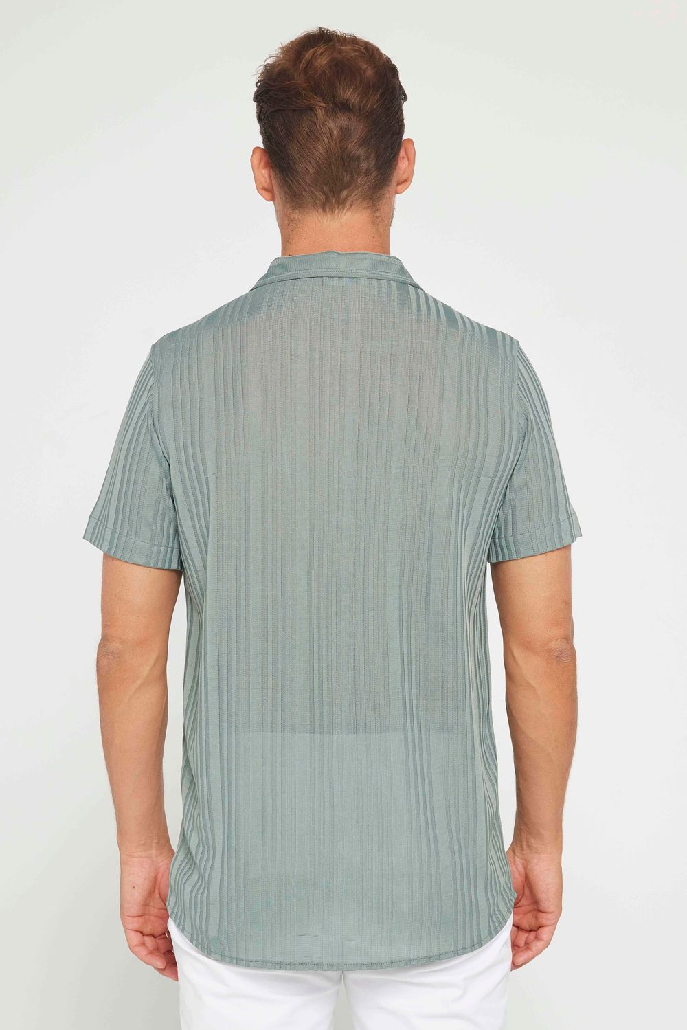 Slim Fit Kısa Kollu Dar Kesim Apaş Yaka Örme Kumaş Yeşil Gömlek