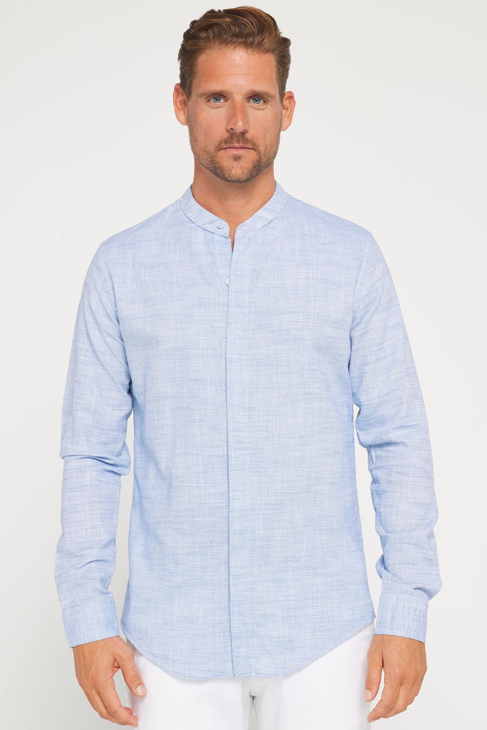 Erkek Slim Fit Dar Kesim Kısa Kollu %100 Pamuk Keten Doku Düğmeli Yaka Lacivert Gömlek