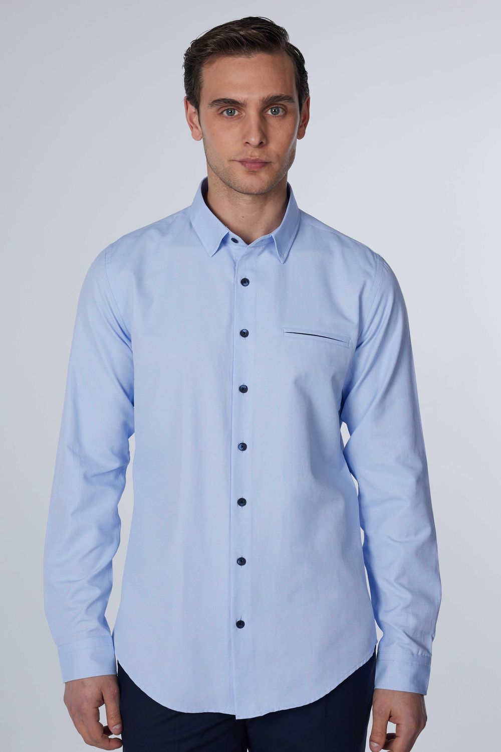Slim Fit Dar Kesim Fleto Tek Cep Armürlü Pamuklu Mavi Erkek Gömlek