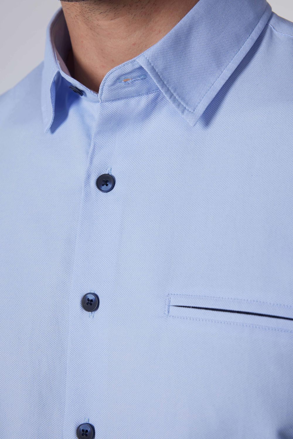 Slim Fit Dar Kesim Fleto Tek Cep Armürlü Pamuklu Mavi Erkek Gömlek