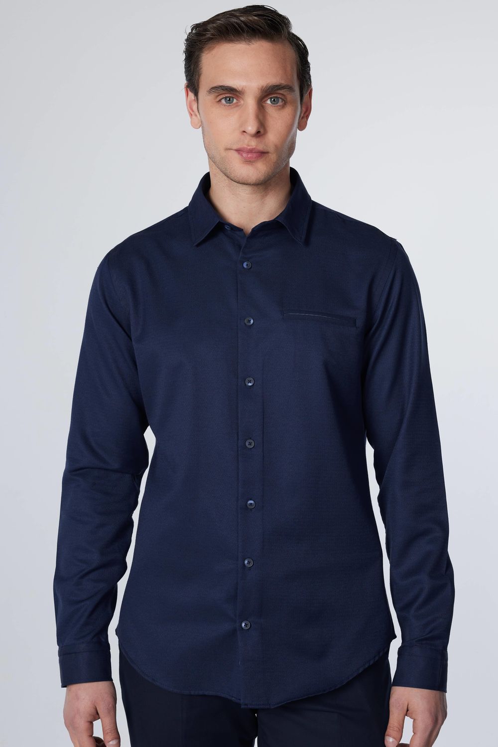 Slim Fit Dar Kesim Fleto Tek Cep Armürlü Pamuklu Lacivert Erkek Gömlek