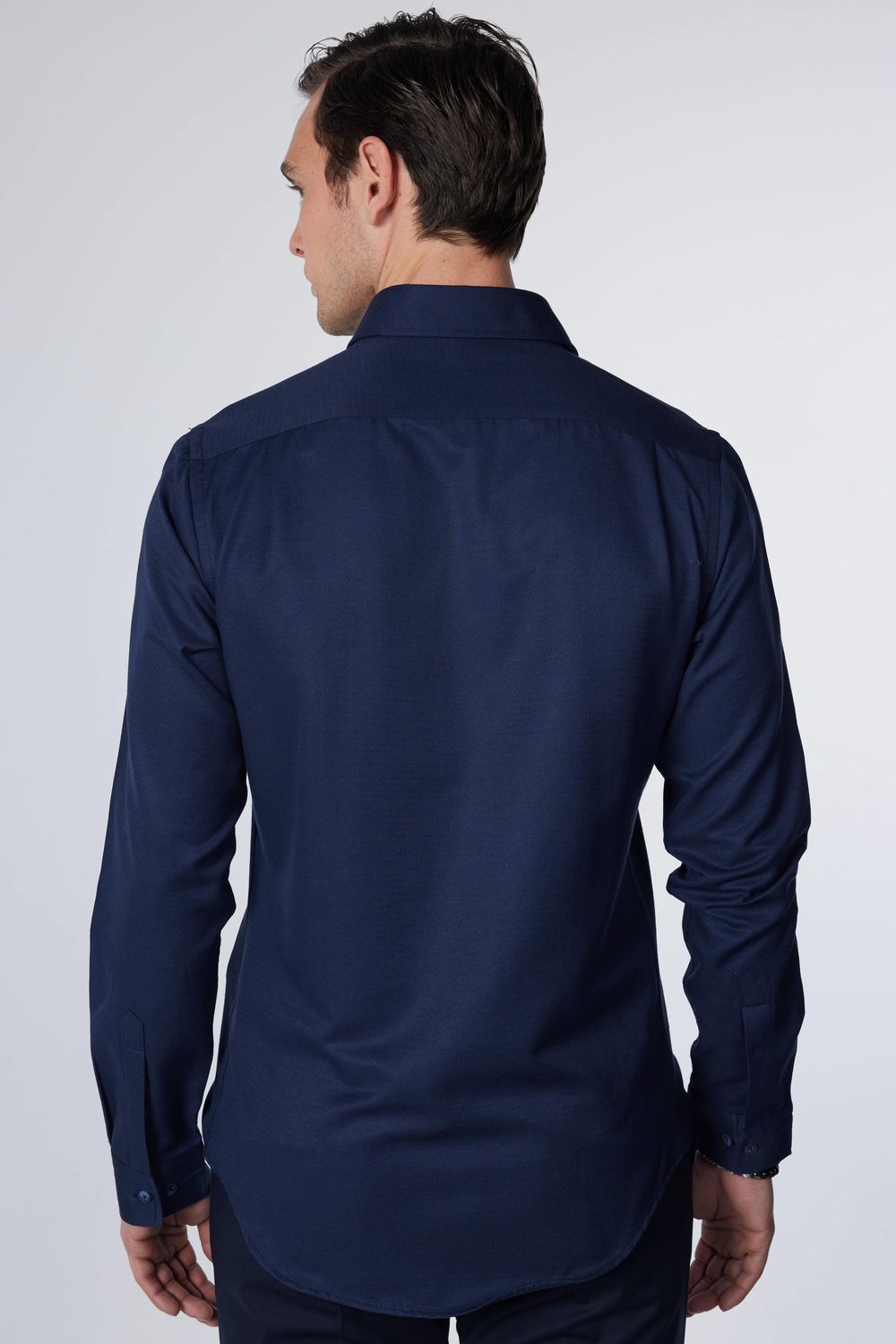 Slim Fit Dar Kesim Fleto Tek Cep Armürlü Pamuklu Lacivert Erkek Gömlek