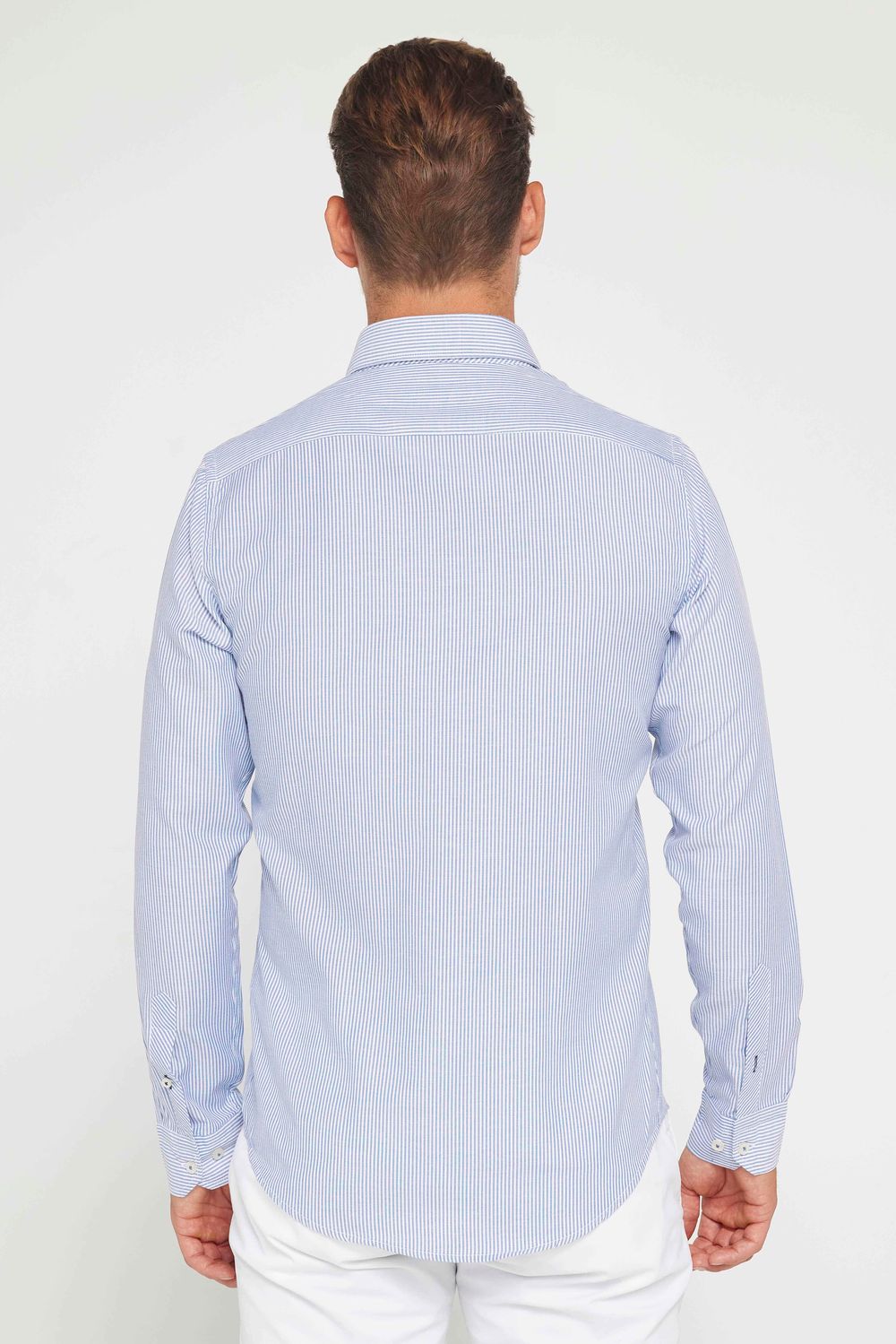 Erkek Slim Fit Dar Kesim Kısa Kollu %100 Pamuk Keten Doku Düğmeli Yaka Gömlek