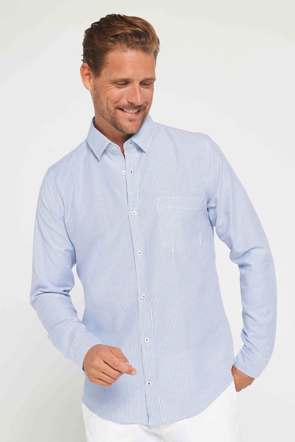 Erkek Slim Fit Dar Kesim Kısa Kollu %100 Pamuk Keten Doku Düğmeli Yaka Gömlek
