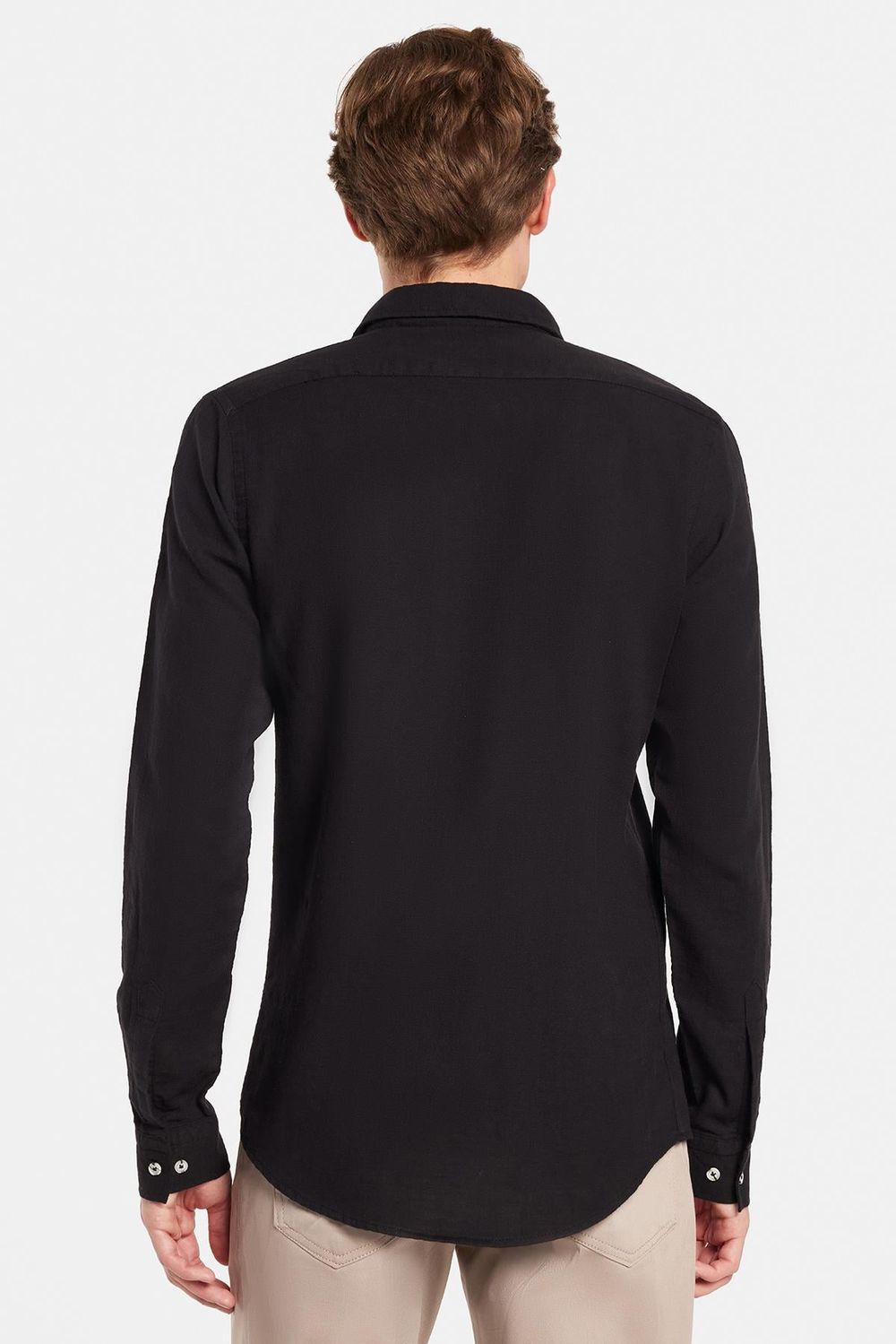 Slim Fit Dar Kesim Uzun Kollu Keten Doku Düz Yazlık Erkek Gömlek