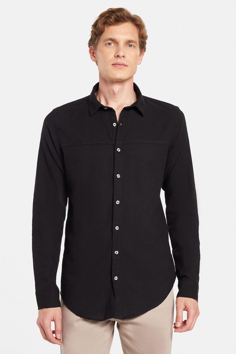 Slim Fit Dar Kesim Uzun Kollu Keten Doku Düz Yazlık Erkek Gömlek