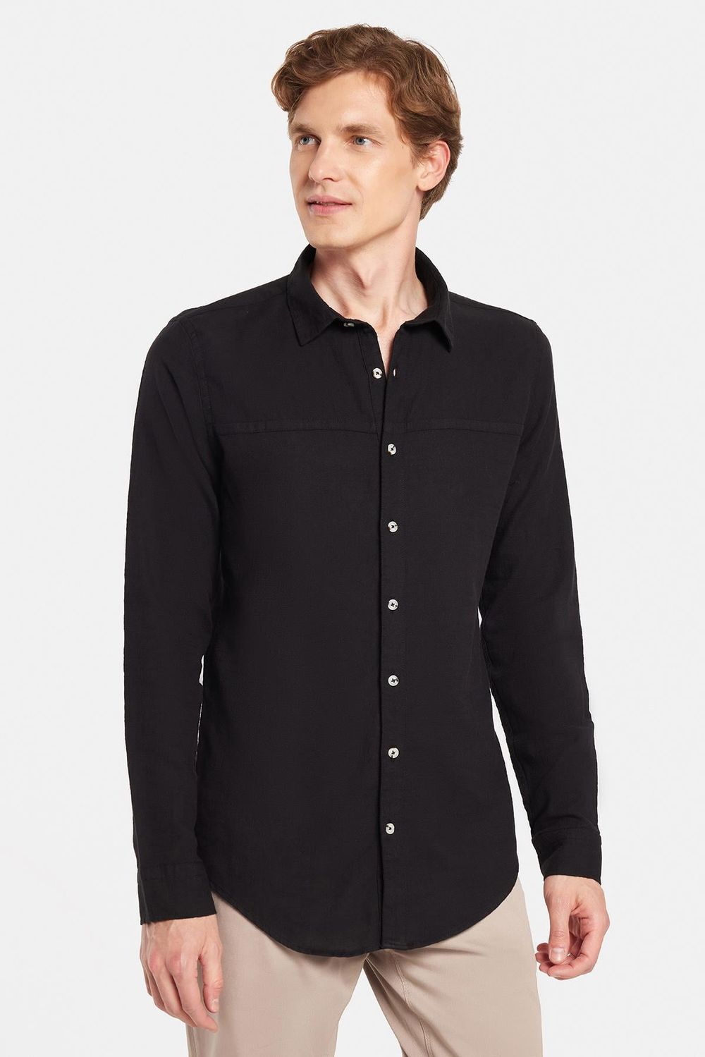 Slim Fit Dar Kesim Uzun Kollu Keten Doku Düz Yazlık Erkek Gömlek