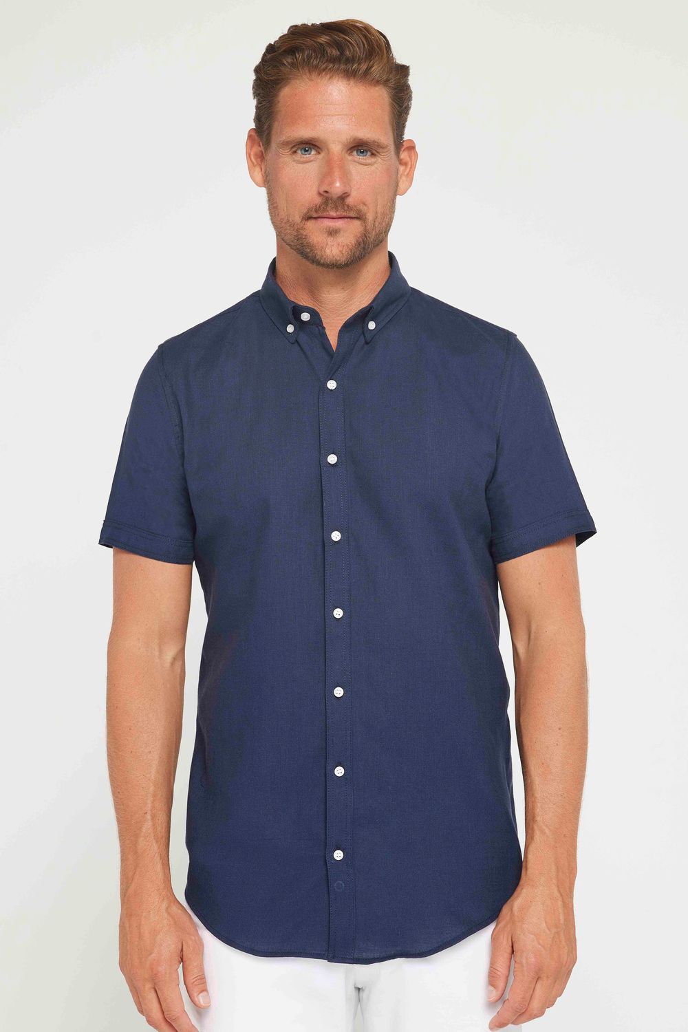 Erkek Slim Fit Dar Kesim Kısa Kollu %100 Pamuk Keten Doku Düğmeli Yaka Lacivert Gömlek