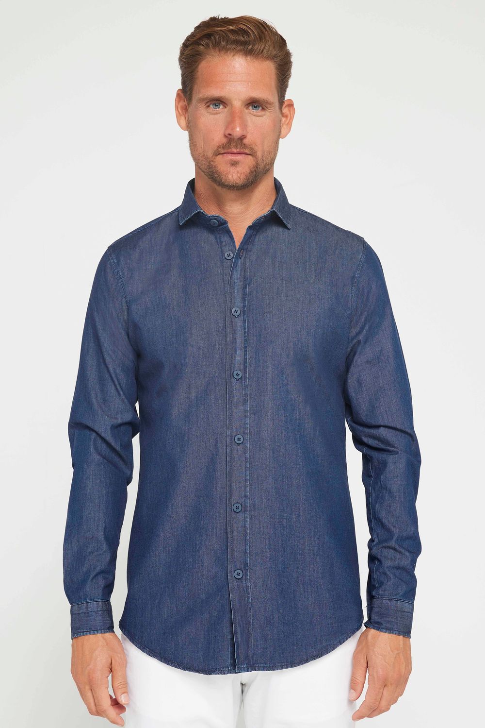 Slim Fit Uzun Kollu Dar Kesim İtalyan Yaka 4 Mevsim Düz Denim Lacivert Erkek Gömlek