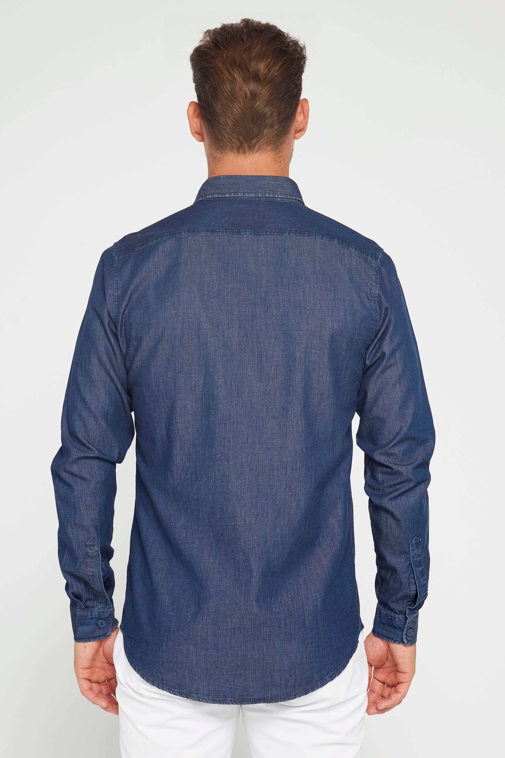 Slim Fit Uzun Kollu Dar Kesim İtalyan Yaka 4 Mevsim Düz Denim Lacivert Erkek Gömlek