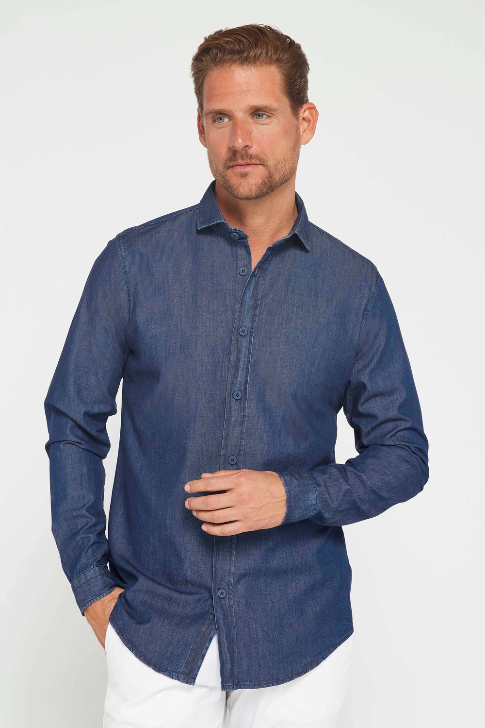 Slim Fit Uzun Kollu Dar Kesim İtalyan Yaka 4 Mevsim Düz Denim Lacivert Erkek Gömlek