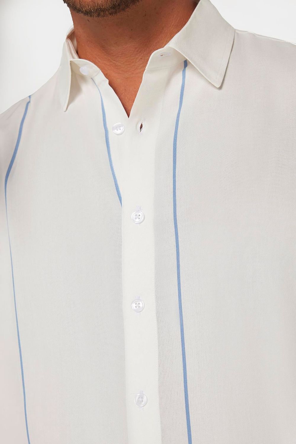 Erkek Slim Fit Dar Kesim Kısa Kollu Apaş Yaka Çizgili Yazlık Beyaz Erkek Gömlek