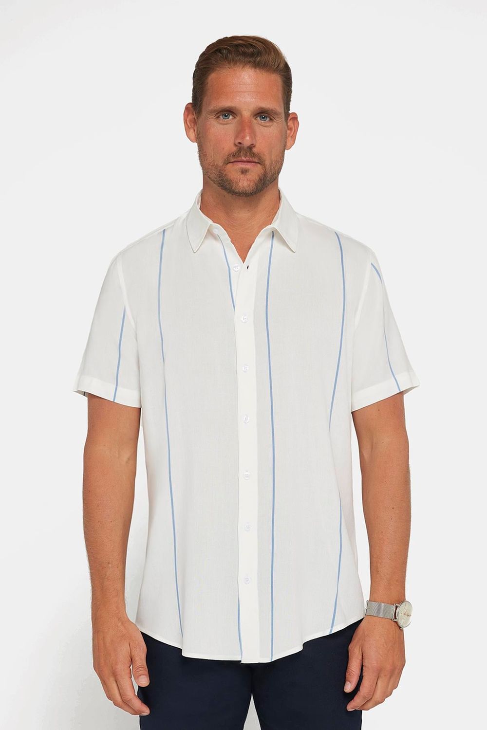Erkek Slim Fit Dar Kesim Kısa Kollu Apaş Yaka Çizgili Yazlık Beyaz Erkek Gömlek