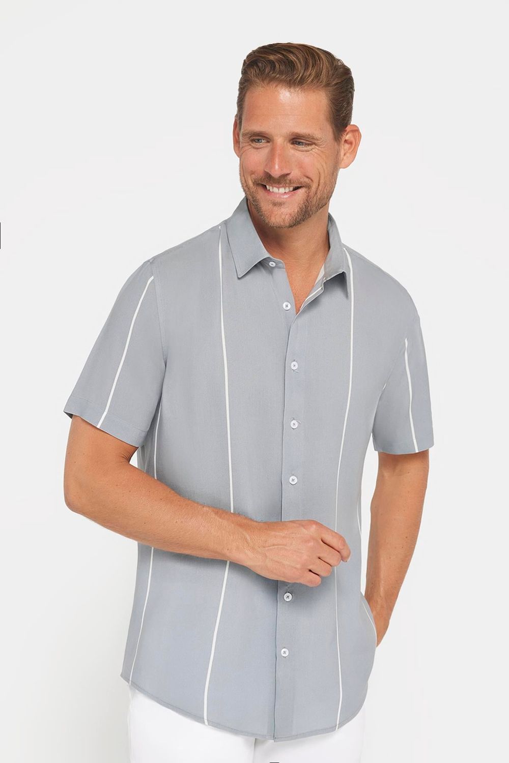 Erkek Slim Fit Dar Kesim Kısa Kollu Apaş Yaka Çizgili Yazlık Gri Erkek Gömlek
