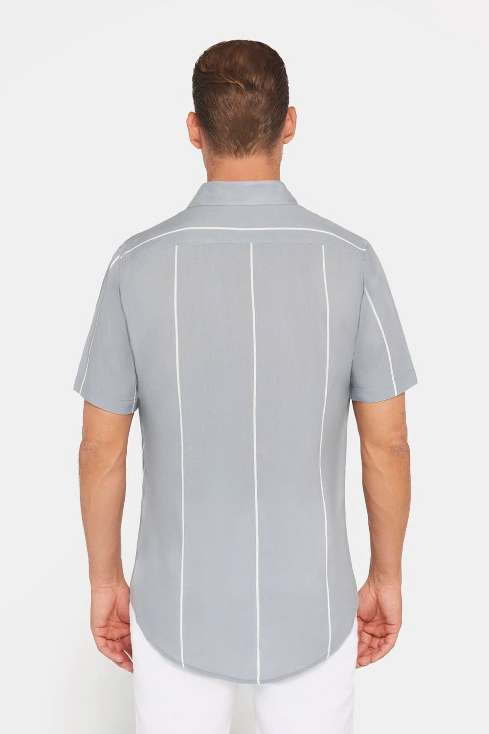 Erkek Slim Fit Dar Kesim Kısa Kollu Apaş Yaka Çizgili Yazlık Gri Erkek Gömlek
