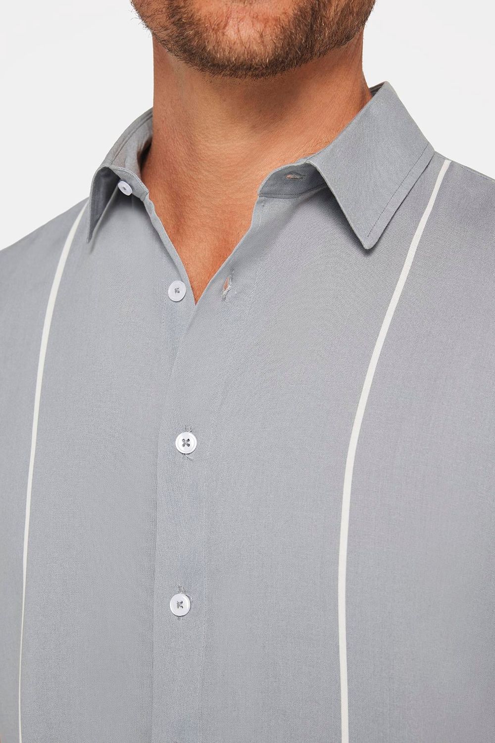 Erkek Slim Fit Dar Kesim Kısa Kollu Apaş Yaka Çizgili Yazlık Gri Erkek Gömlek