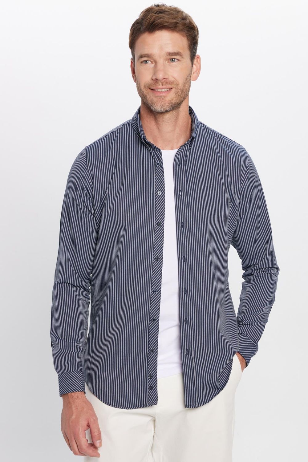 Erkek Slim Fit Dar Kesim Pamuklu Çizgili Düğmeli Yaka Gömlek