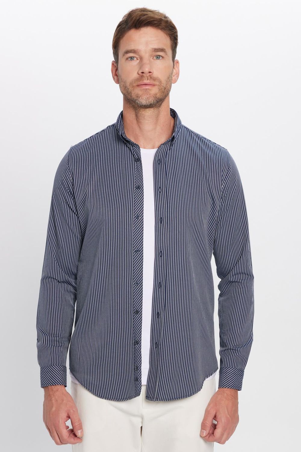 Erkek Slim Fit Dar Kesim Pamuklu Çizgili Düğmeli Yaka Gömlek